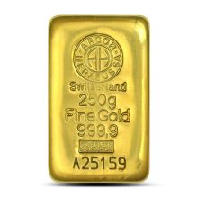 250 Gram Argor Heraeus Cast Gold Bar (New w Assay)