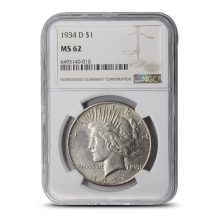 1934-D Peace Silver Dollar Coin NGC MS62