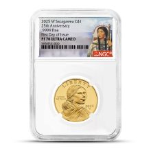 2025-W 1/2 oz Proof American Gold 25th Anniversary Sacagawea Golden Dollar Coin NGC PF70 UCAM FDOI