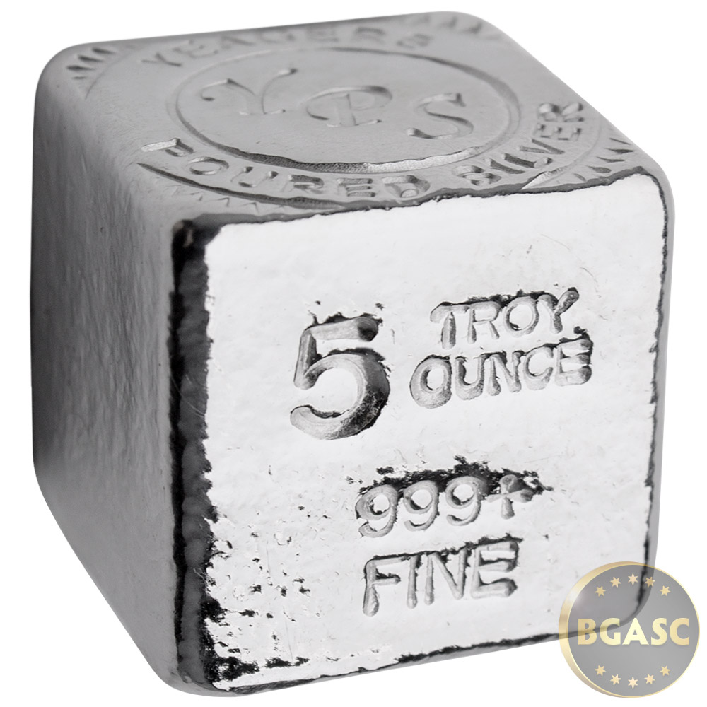 5 oz Silver Cube Yeager's Poured .999 Fine Silver Bullion